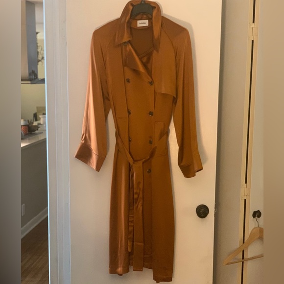 Latellier Silk Satin Like Double-Breasted Trench Coat Orange/Rust Jacket - Picture 3 of 6